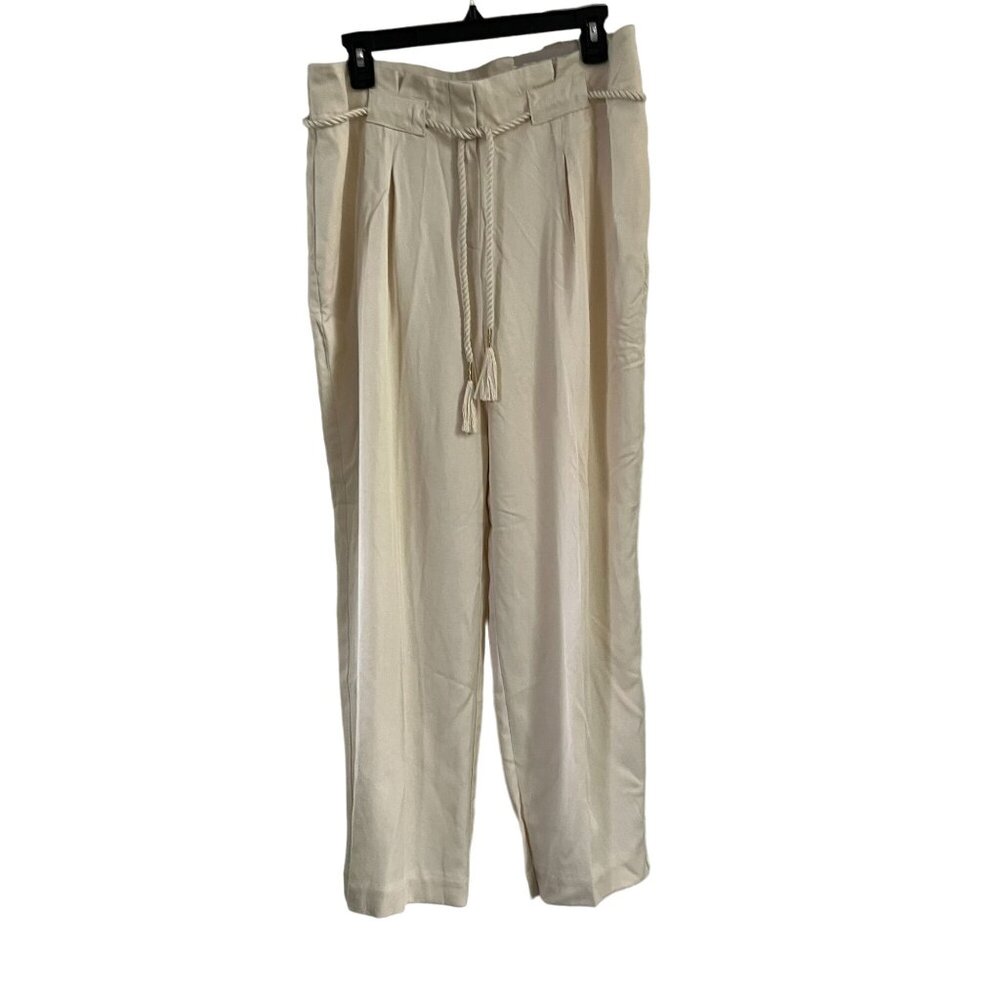 Chico's Straight Leg Pants 10R Cream Fancy Rope Belt  Pockets Paperbag waist NWT